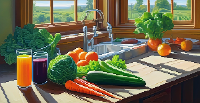 A bright kitchen with fresh fruits and vegetables on a wooden table, including kale, cucumbers, and carrots, with a glass of green juice in the foreground, illuminated by sunlight.