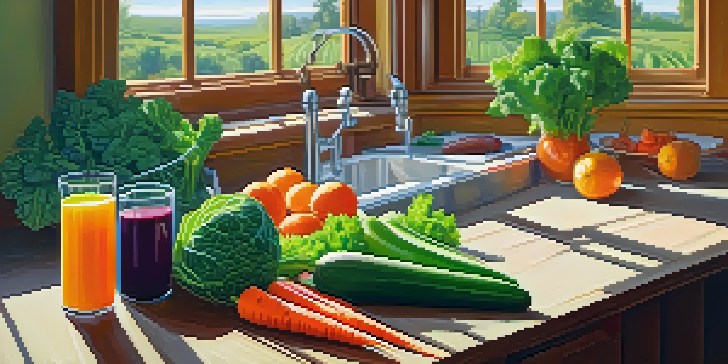 A bright kitchen with fresh fruits and vegetables on a wooden table, including kale, cucumbers, and carrots, with a glass of green juice in the foreground, illuminated by sunlight.
