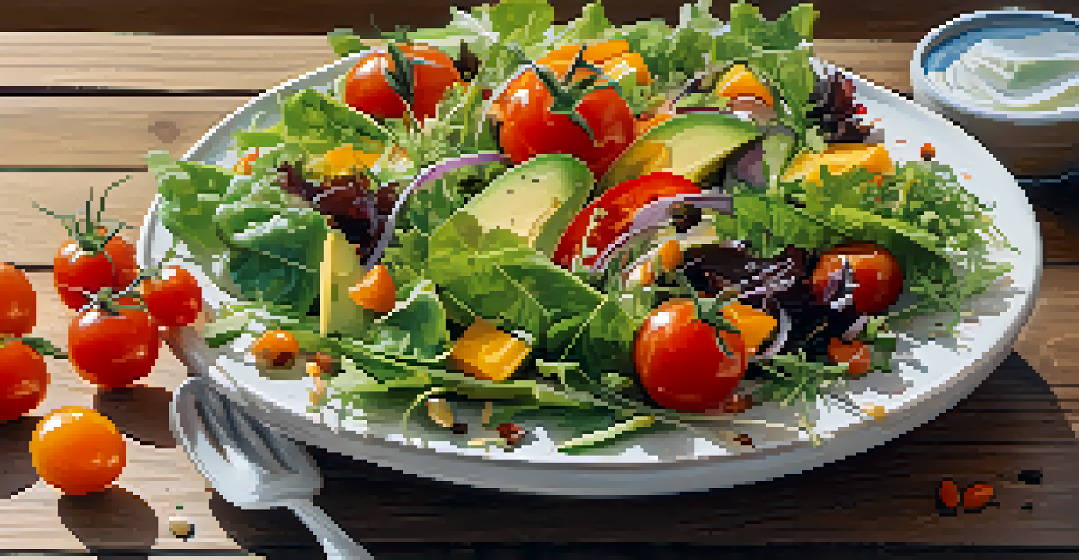 A colorful raw food salad bowl filled with various fresh ingredients, set on a wooden table with a light cloth underneath.