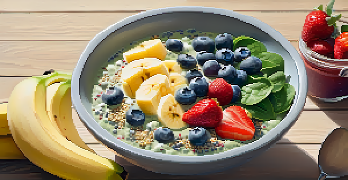 A colorful smoothie bowl with bananas, spinach, and various berries, set on a wooden table in morning light.
