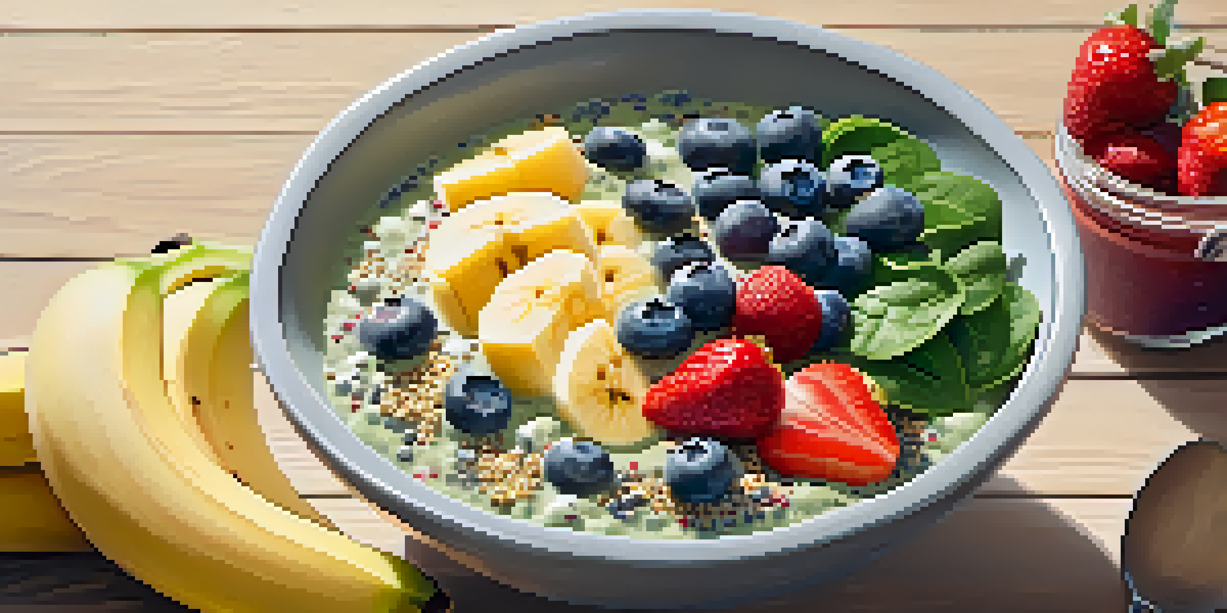 A colorful smoothie bowl with bananas, spinach, and various berries, set on a wooden table in morning light.