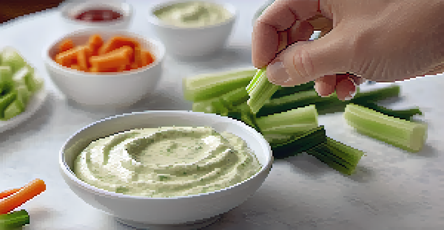 A close-up of a hand dipping celery into ranch dip, with a blurred background of colorful vegetables.