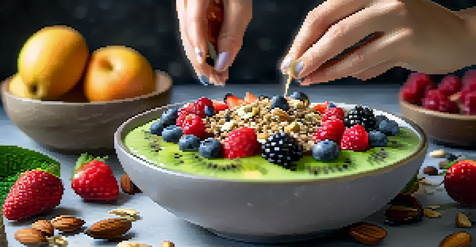 A hand sprinkling chia seeds onto a colorful smoothie bowl filled with fruits and nuts, with a blurred kitchen background.