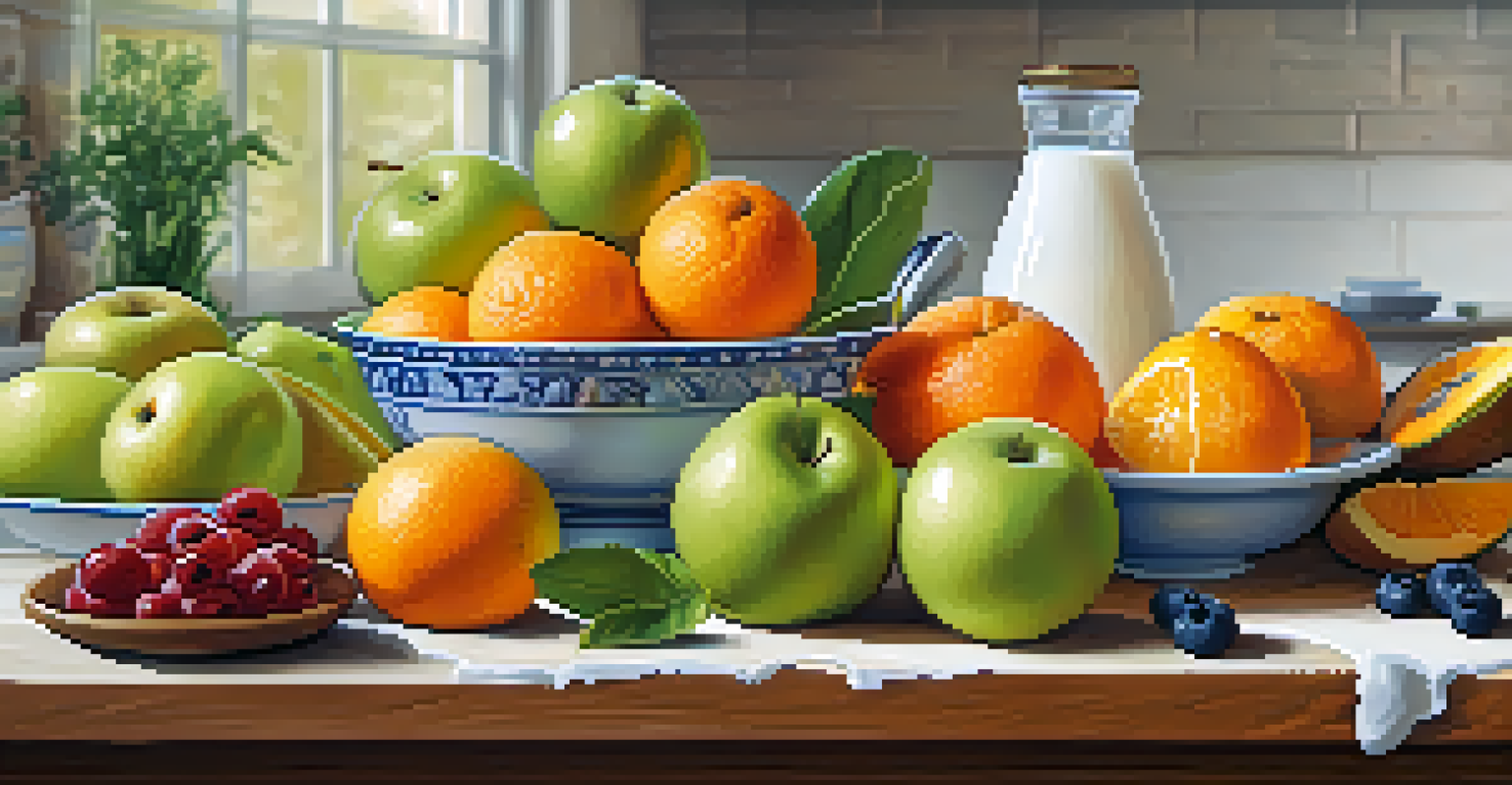 A cutting board with an assortment of fresh fruits and a bowl of yogurt in a cozy kitchen setting.