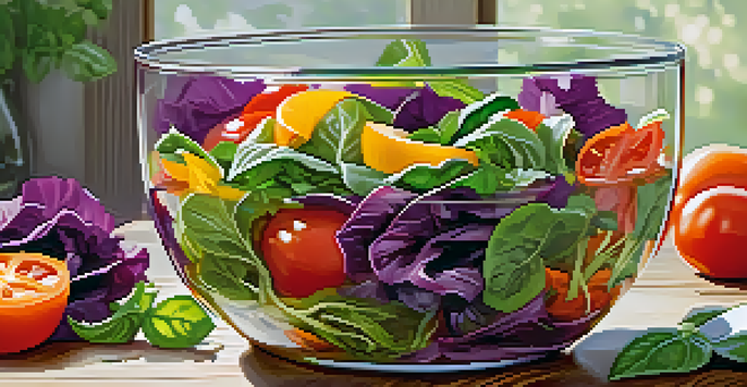 A colorful layered salad in a glass bowl with tomatoes, spinach, bell peppers, and cabbage, garnished with basil and edible flowers, on a rustic table.