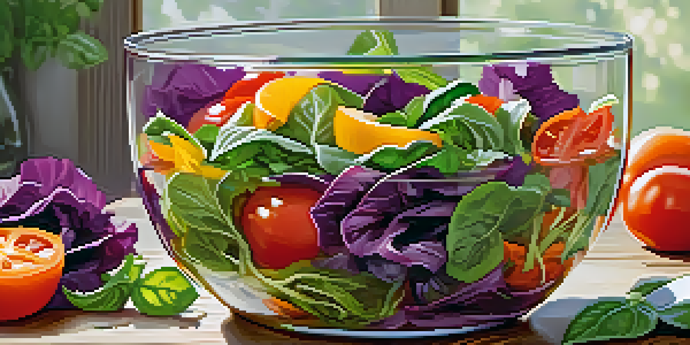 A colorful layered salad in a glass bowl with tomatoes, spinach, bell peppers, and cabbage, garnished with basil and edible flowers, on a rustic table.