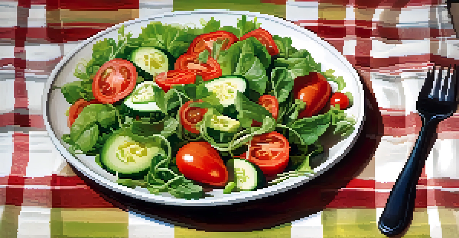 A vibrant raw salad with tomatoes, cucumbers, and leafy greens on a colorful tablecloth against a rustic wooden backdrop.