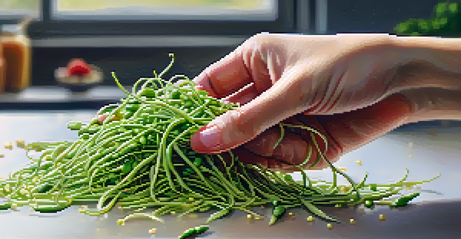 A close-up of a hand holding fresh mung bean sprouts with a blurred kitchen background, highlighting their crunchy texture and vibrant color.