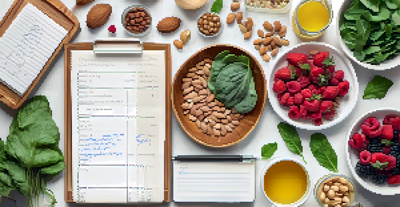 An overhead shot of a grocery list next to vibrant raw food ingredients like berries and leafy greens, set on a light countertop.