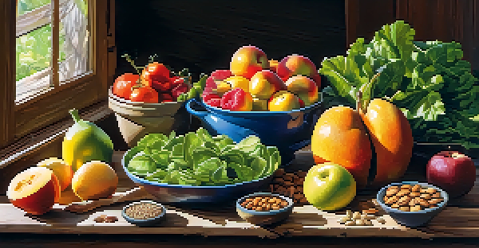 A colorful display of raw fruits, vegetables, nuts, and seeds on a wooden table with sunlight creating soft shadows.