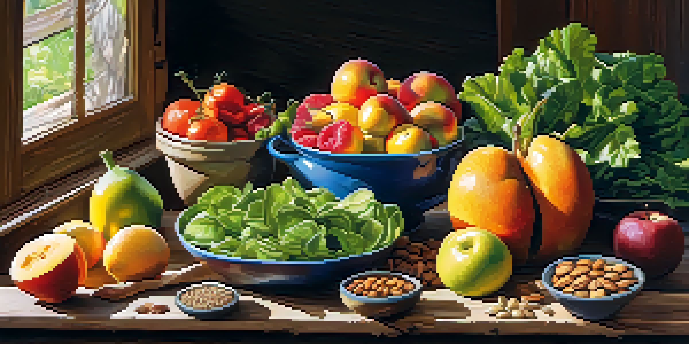 A colorful display of raw fruits, vegetables, nuts, and seeds on a wooden table with sunlight creating soft shadows.