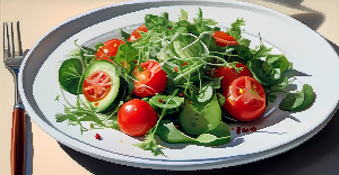 A simple white plate with a colorful salad made of fresh greens, red tomatoes, and cucumbers, presented with soft natural light enhancing the vibrant colors.