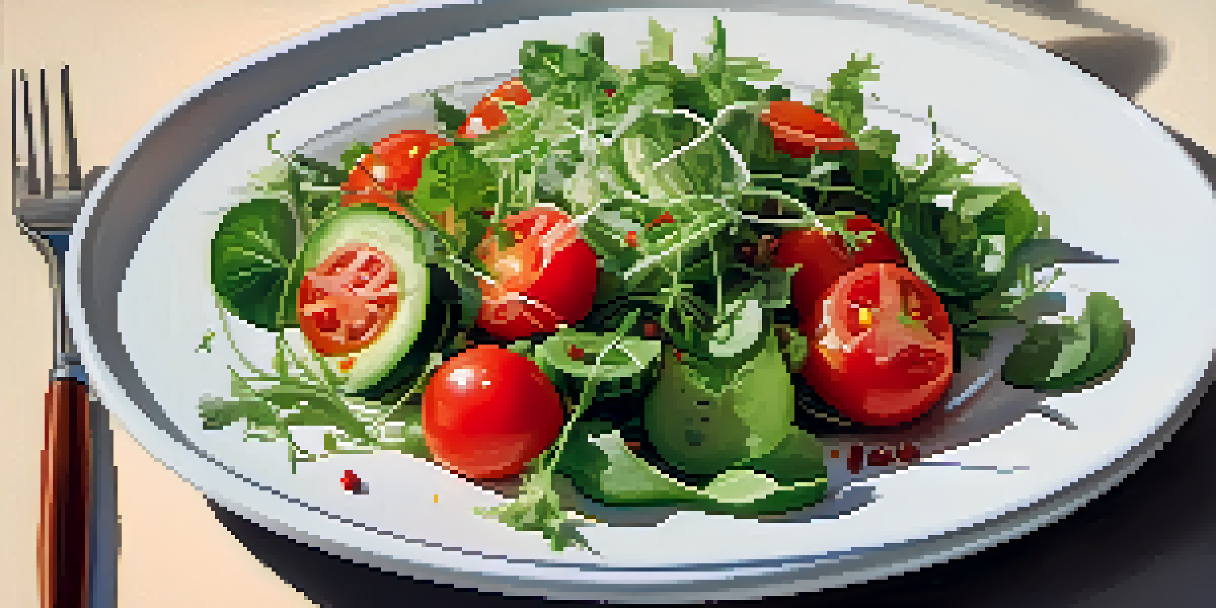 A simple white plate with a colorful salad made of fresh greens, red tomatoes, and cucumbers, presented with soft natural light enhancing the vibrant colors.