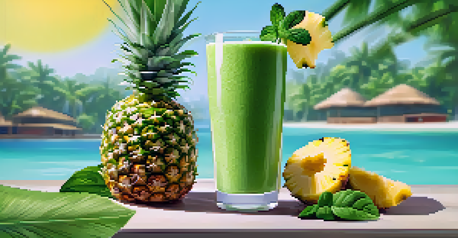 A tropical smoothie in a clear glass with pineapple and mint, set against a sunny outdoor background.