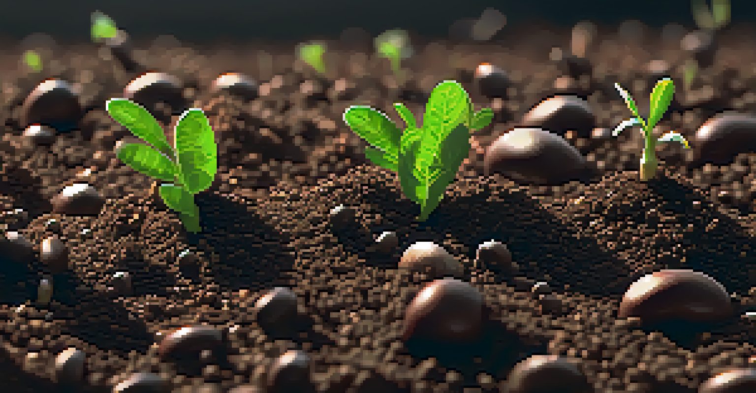 Close-up of rich, dark soil with visible microorganisms and earthworms, illuminated by sunlight.