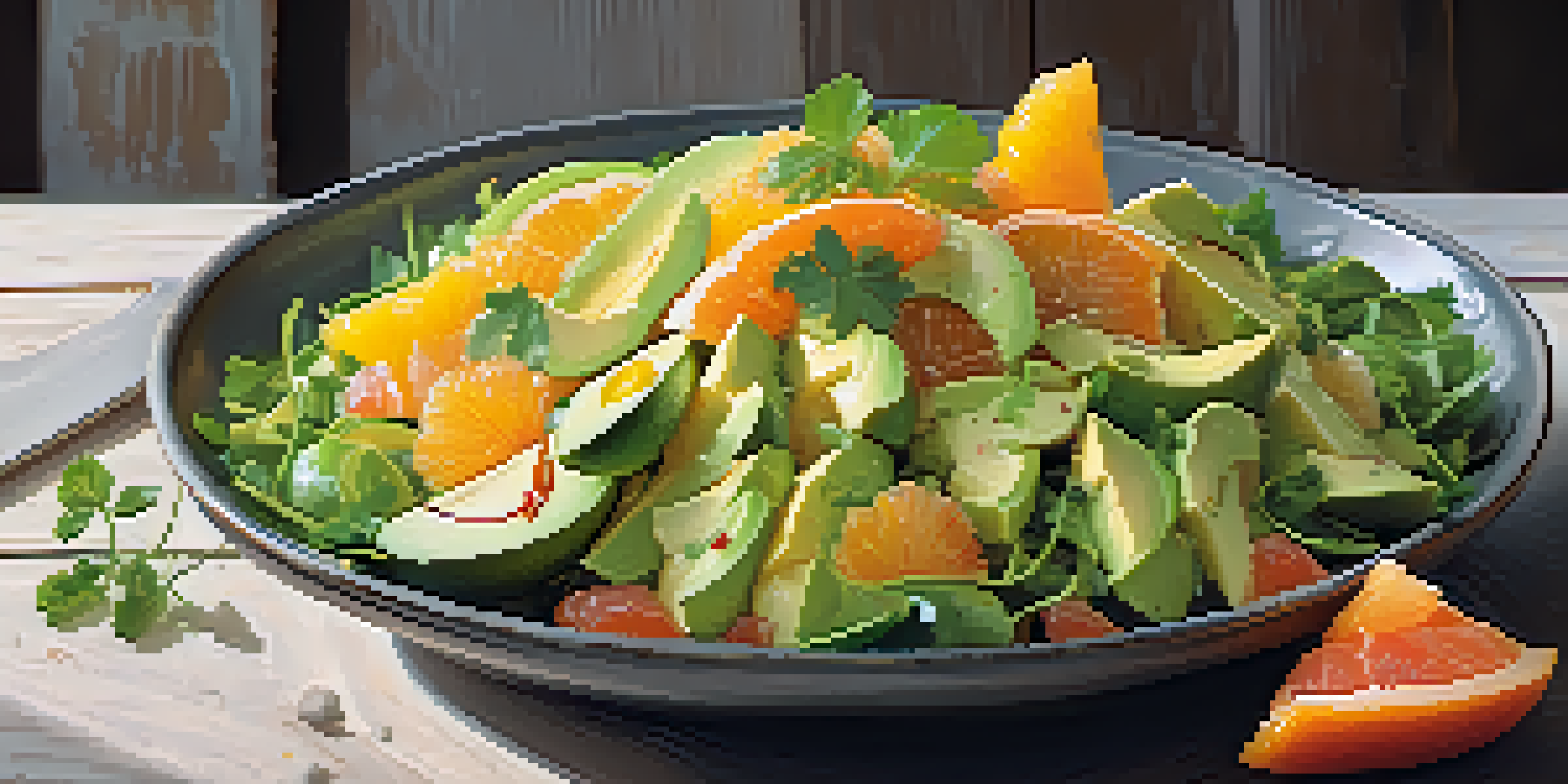 A colorful salad with avocado, orange, grapefruit, and cilantro on a wooden table, illuminated by natural light.