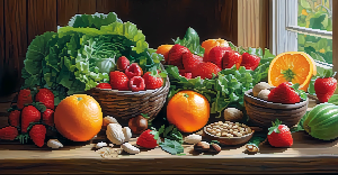 An assortment of colorful raw fruits and vegetables on a wooden table, illuminated by soft sunlight.