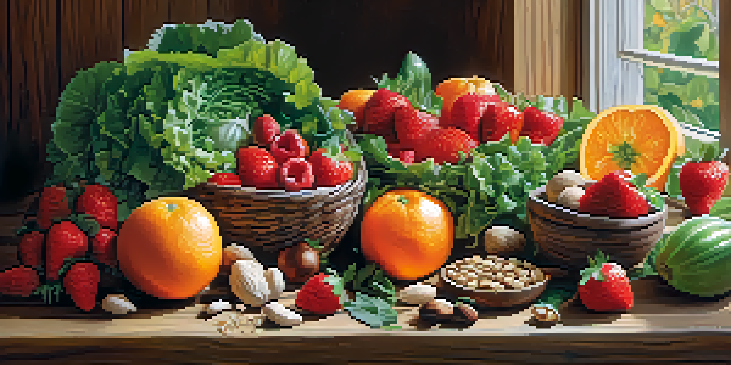An assortment of colorful raw fruits and vegetables on a wooden table, illuminated by soft sunlight.