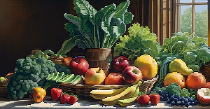 A colorful display of various raw fruits and vegetables on a wooden table, illuminated by soft sunlight.