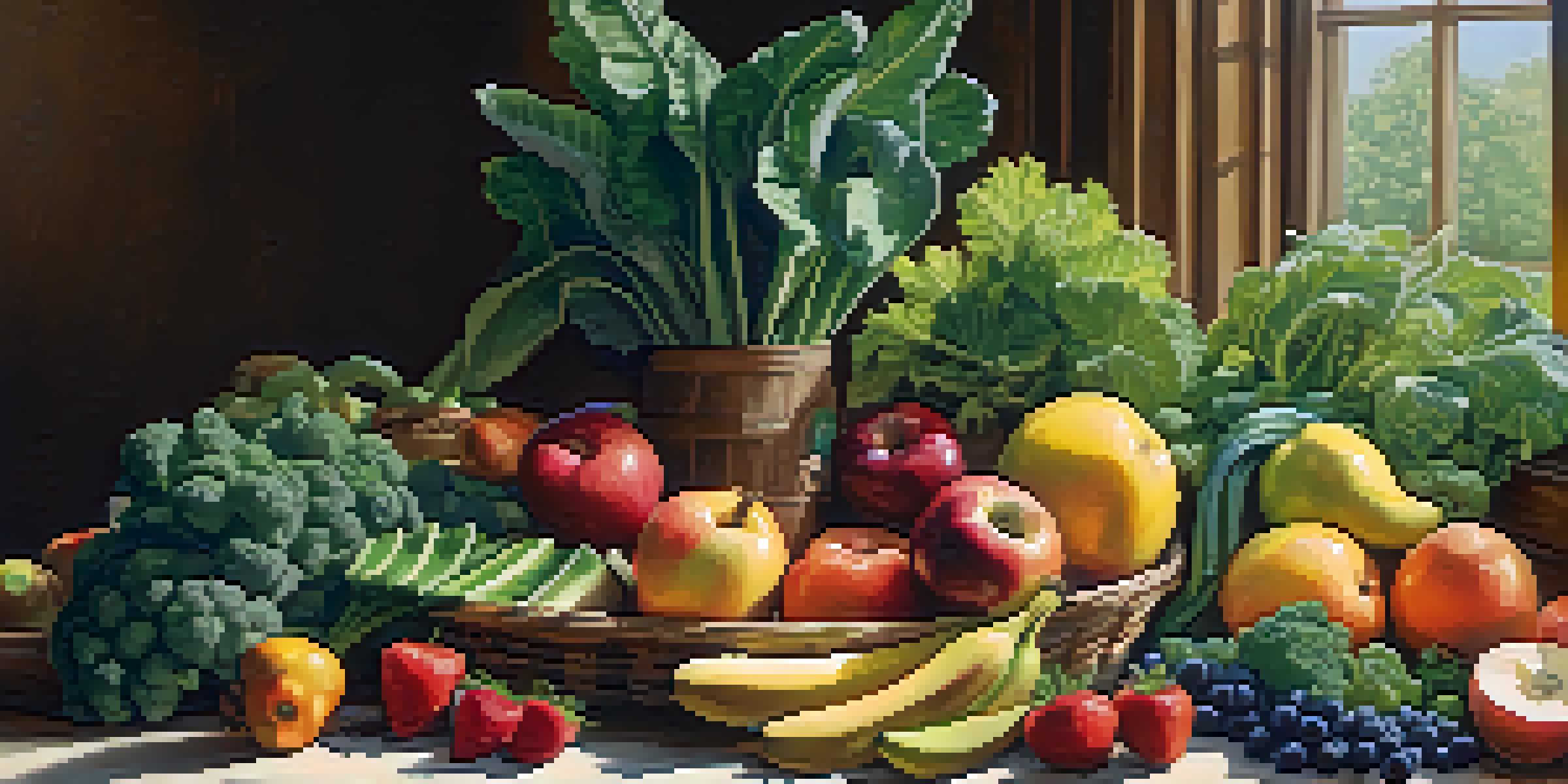A colorful display of various raw fruits and vegetables on a wooden table, illuminated by soft sunlight.