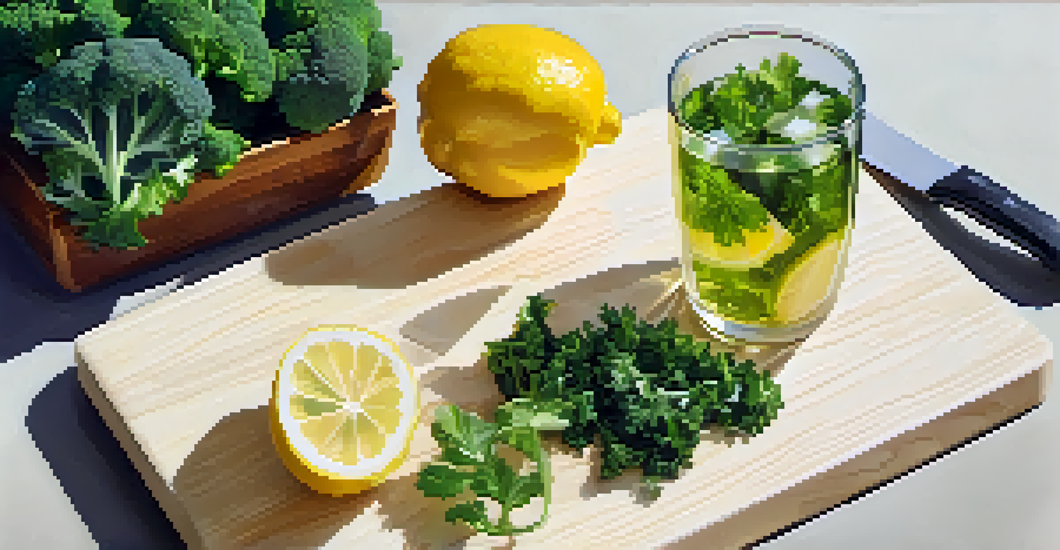 A cutting board with chopped raw vegetables and a glass of infused water with lemon and mint, against a light background.