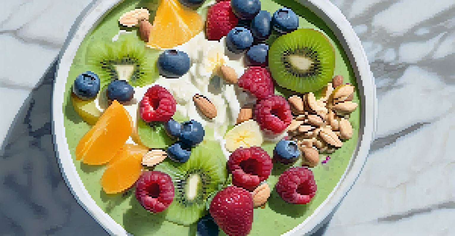 A close-up of a smoothie bowl filled with greens and topped with fruits, nuts, and edible flowers on a marble countertop.