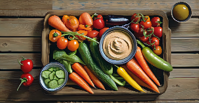 A colorful assortment of raw vegetables arranged on a platter with a bowl of hummus, displayed on a wooden table with natural lighting.