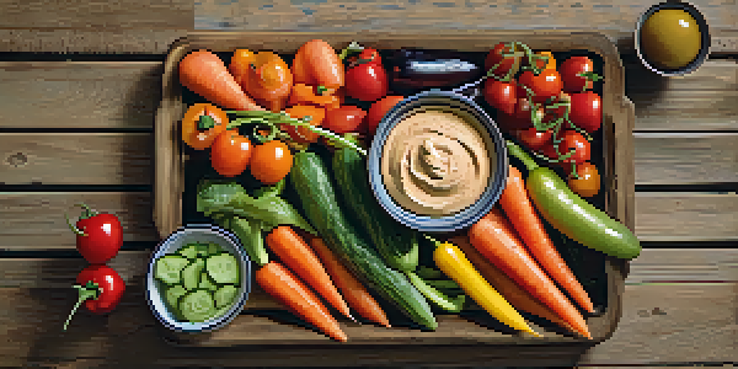 A colorful assortment of raw vegetables arranged on a platter with a bowl of hummus, displayed on a wooden table with natural lighting.