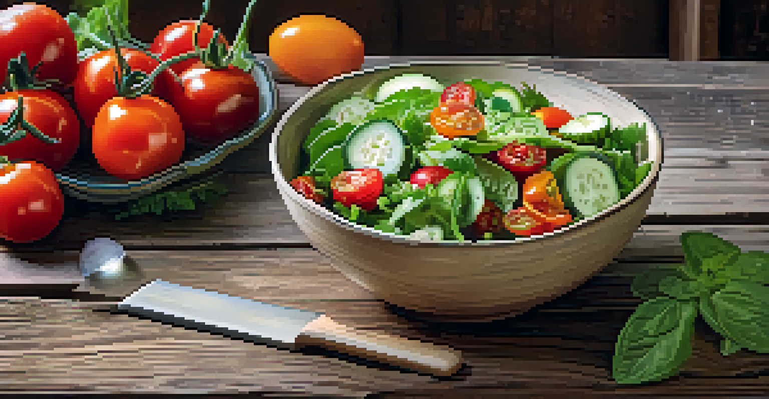 A colorful salad bowl filled with leafy greens, cherry tomatoes, and cucumbers on a wooden table, accompanied by a glass of infused water and a recipe card.