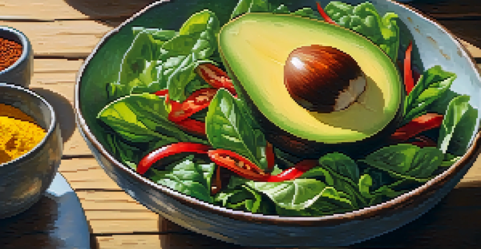 A close-up image of a fresh salad bowl with basil, avocado, and colorful spices under natural sunlight.