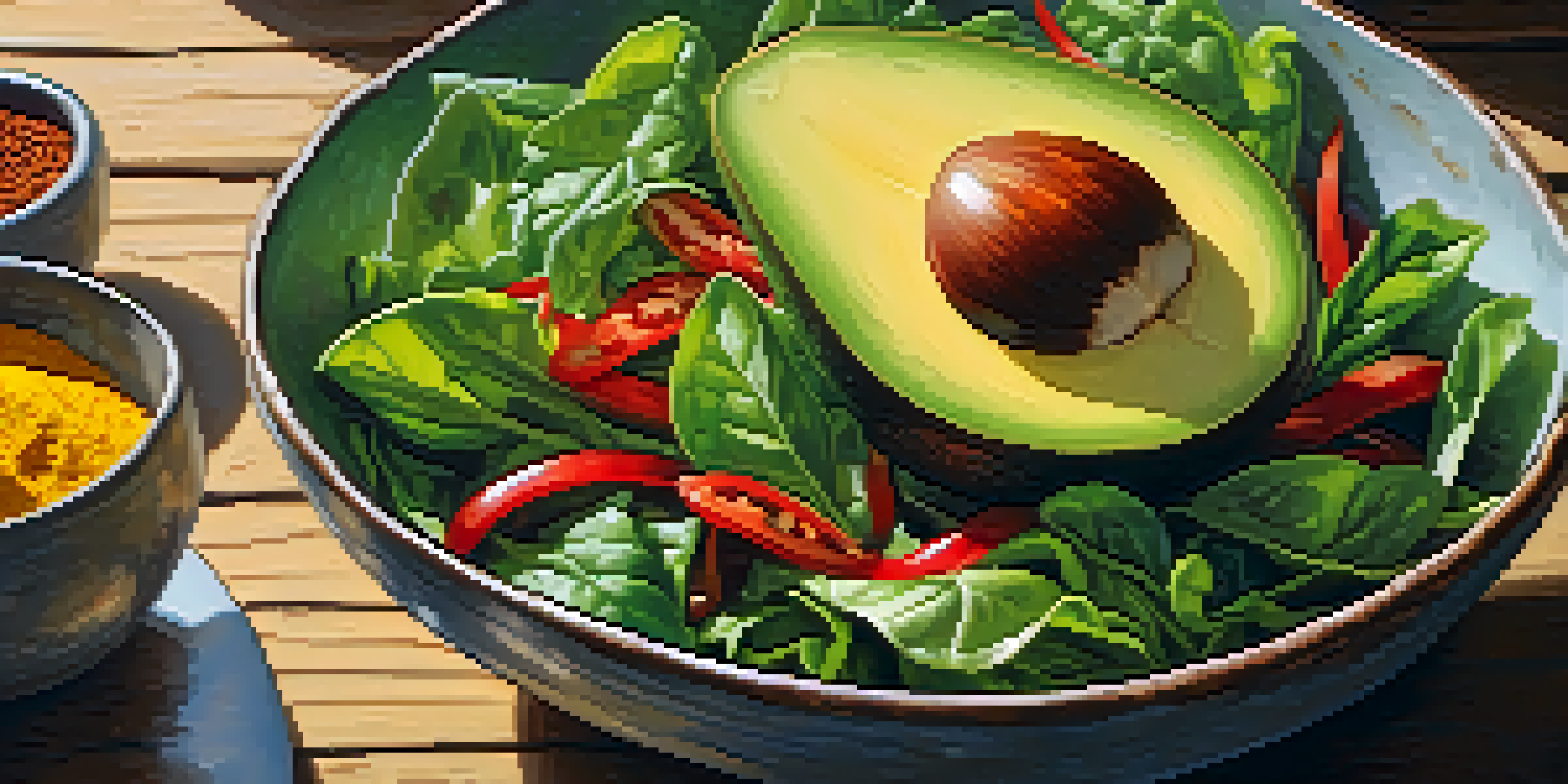 A close-up image of a fresh salad bowl with basil, avocado, and colorful spices under natural sunlight.
