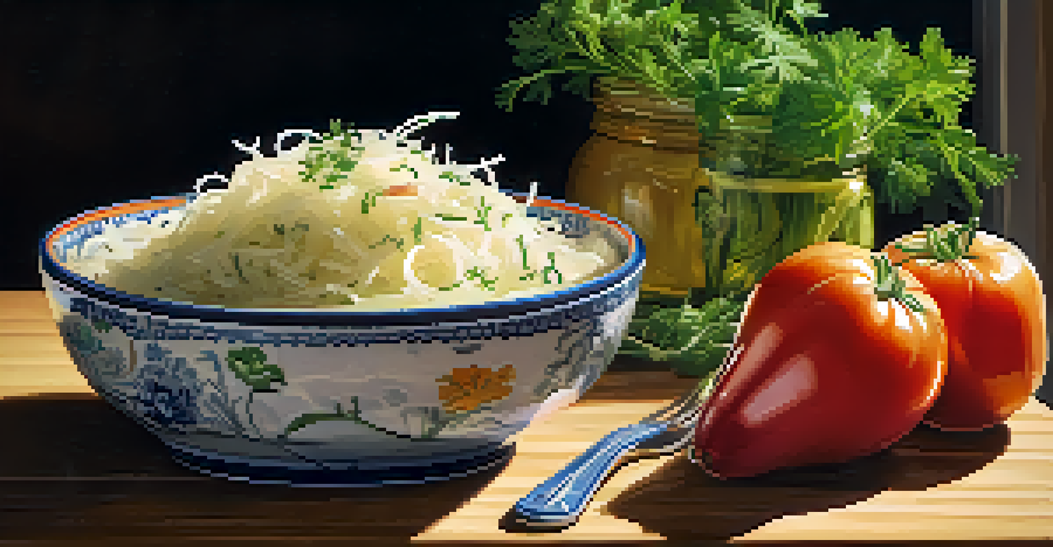 A bowl of sauerkraut garnished with herbs on a wooden cutting board, with jars of pickled vegetables in the background.