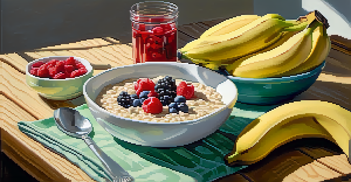 A bowl of oatmeal topped with sliced bananas and berries on a wooden table, illuminated by sunlight.