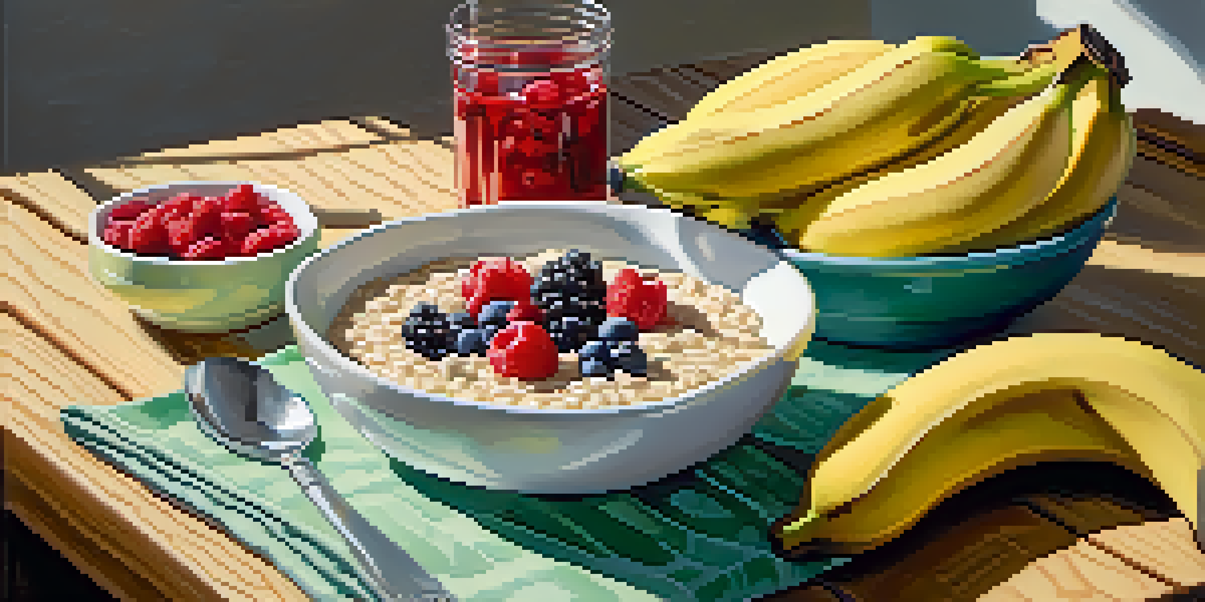 A bowl of oatmeal topped with sliced bananas and berries on a wooden table, illuminated by sunlight.