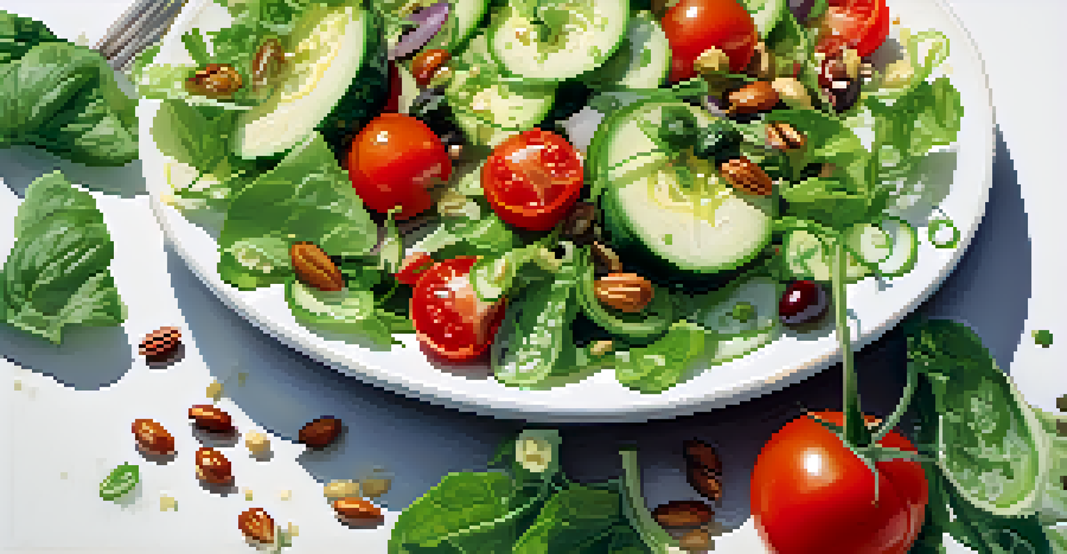 A colorful raw salad in a white bowl, featuring greens, cucumbers, and cherry tomatoes, illuminated by soft lighting.