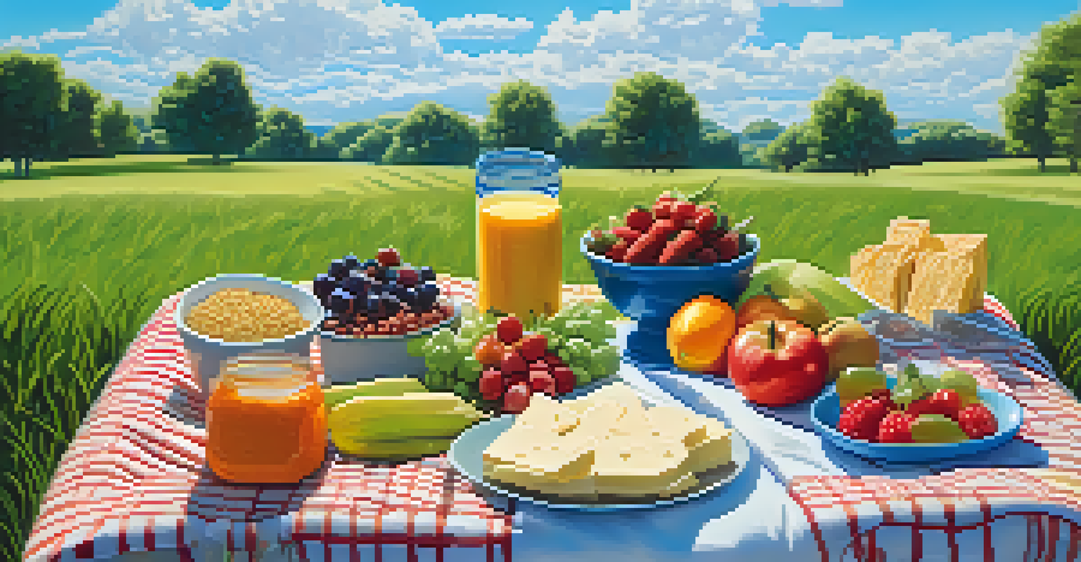 A picnic setting on grass with raw snacks including vegetables and fruits, under a blue sky.