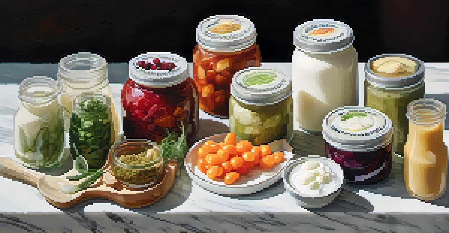 A display of probiotic-rich foods including yogurt, kefir, kombucha, and fermented vegetables on a marble countertop, illuminated by soft light.