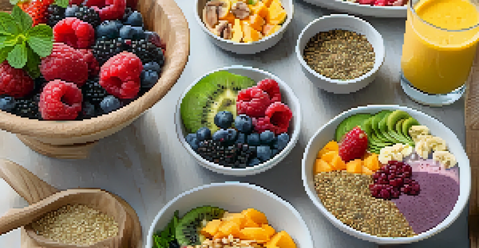 A vibrant spread of raw food including fruits, vegetables, nuts, and seeds on a wooden table, with a smoothie bowl, salad, and chia pudding showcased.
