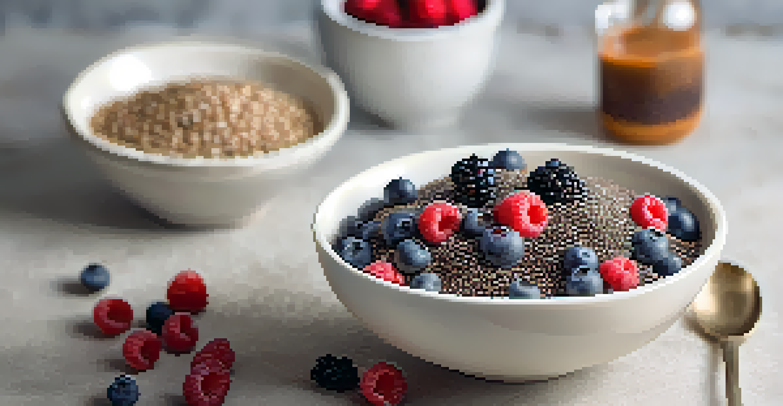A bowl of superfoods including chia seeds, flaxseeds, and acai berries, set against a light background.