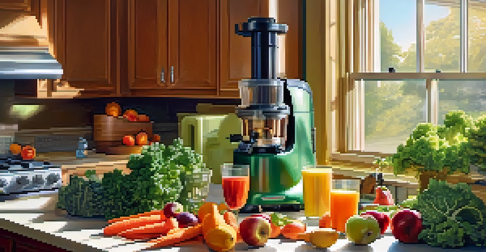A bright kitchen with fresh fruits and vegetables on the countertop, including kale, apples, and carrots, with sunlight illuminating the scene.