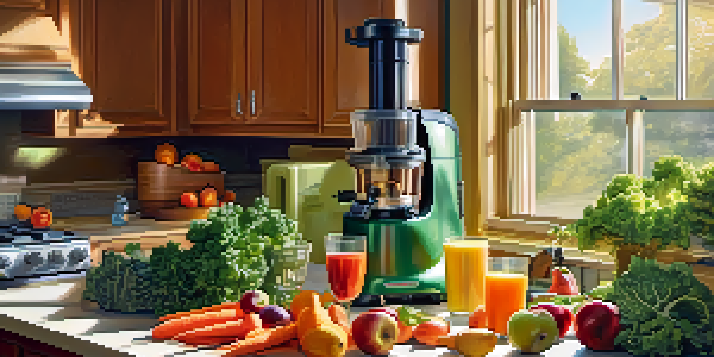 A bright kitchen with fresh fruits and vegetables on the countertop, including kale, apples, and carrots, with sunlight illuminating the scene.