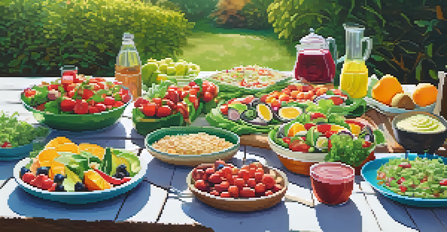 A diverse spread of raw food dishes on a picnic table outdoors, featuring salads, wraps, and fruit platters under natural sunlight.