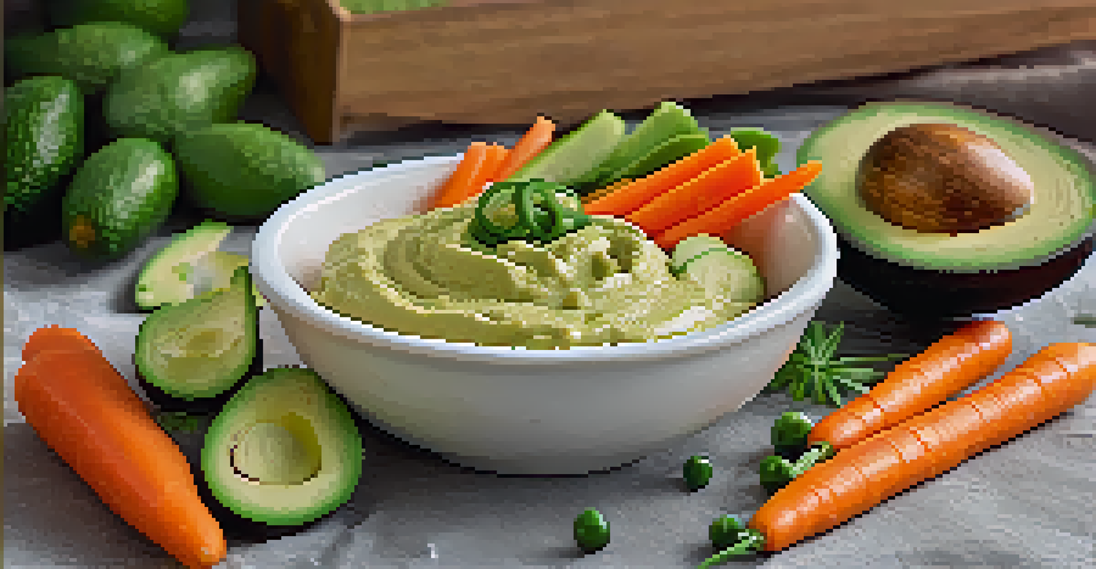 Close-up of creamy avocado hummus garnished with paprika and olive oil, with fresh vegetables arranged around it.