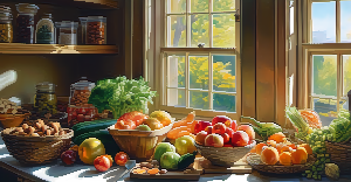 A sunlit kitchen with a wooden table displaying fresh raw foods like fruits and vegetables, nuts, and seeds, creating a vibrant and inviting atmosphere.