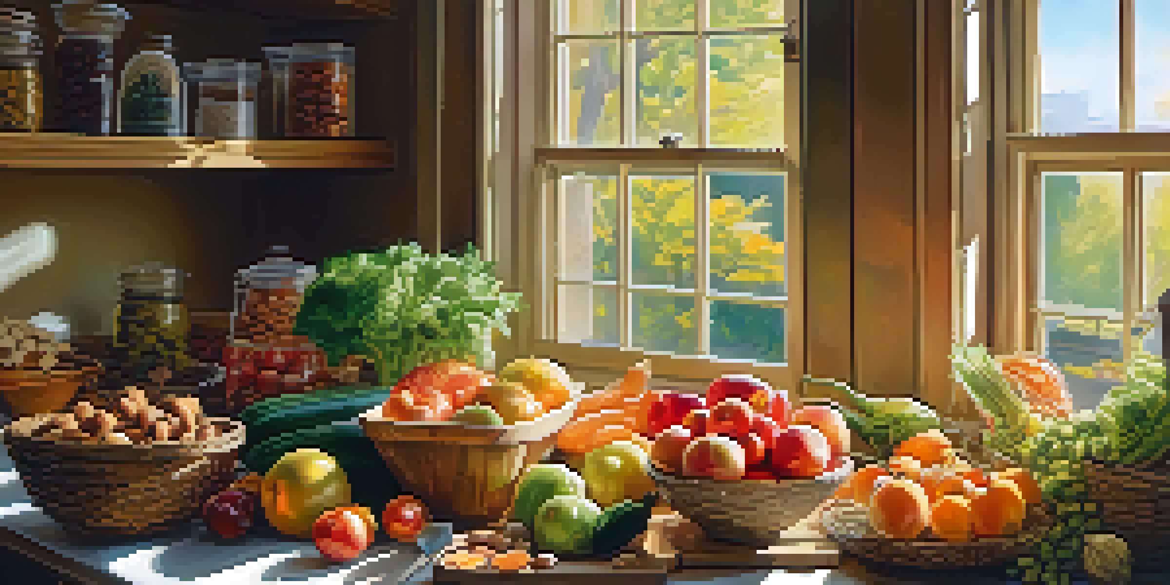 A sunlit kitchen with a wooden table displaying fresh raw foods like fruits and vegetables, nuts, and seeds, creating a vibrant and inviting atmosphere.