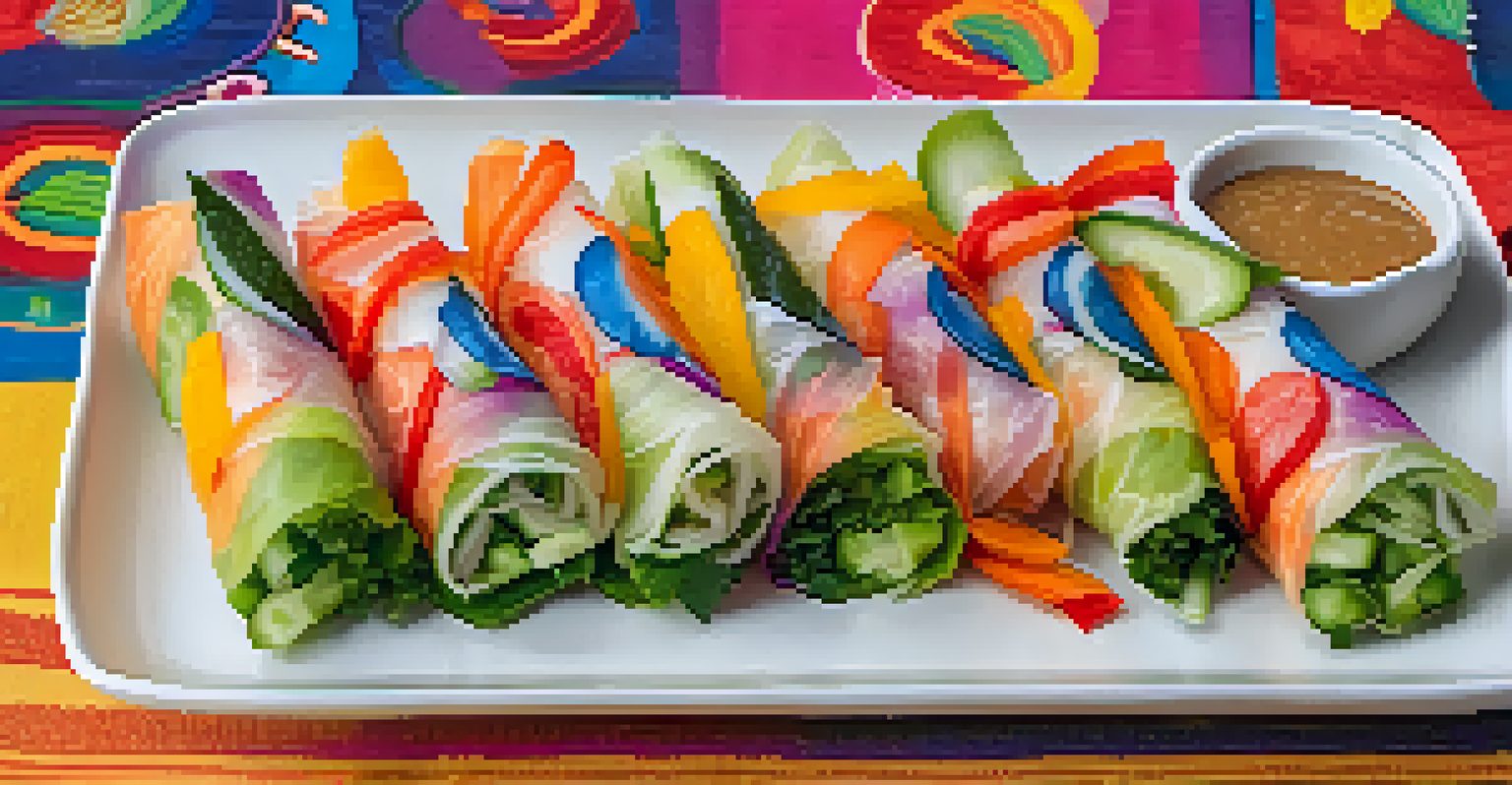 Colorful rainbow vegetable spring rolls on a platter with a dipping sauce.