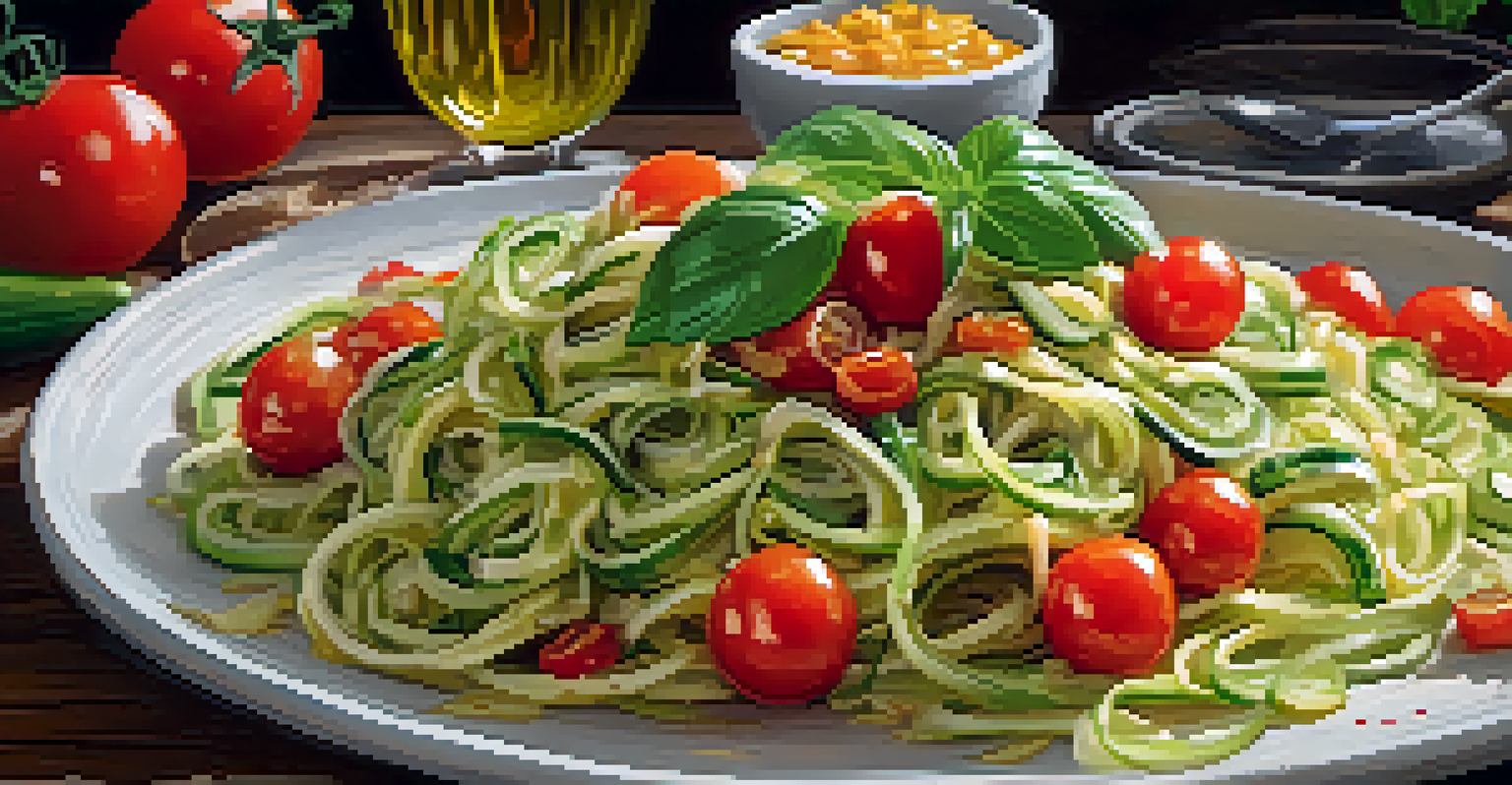 A raw zucchini pasta dish with cherry tomatoes and basil, alongside a raw taco bowl on a rustic table.