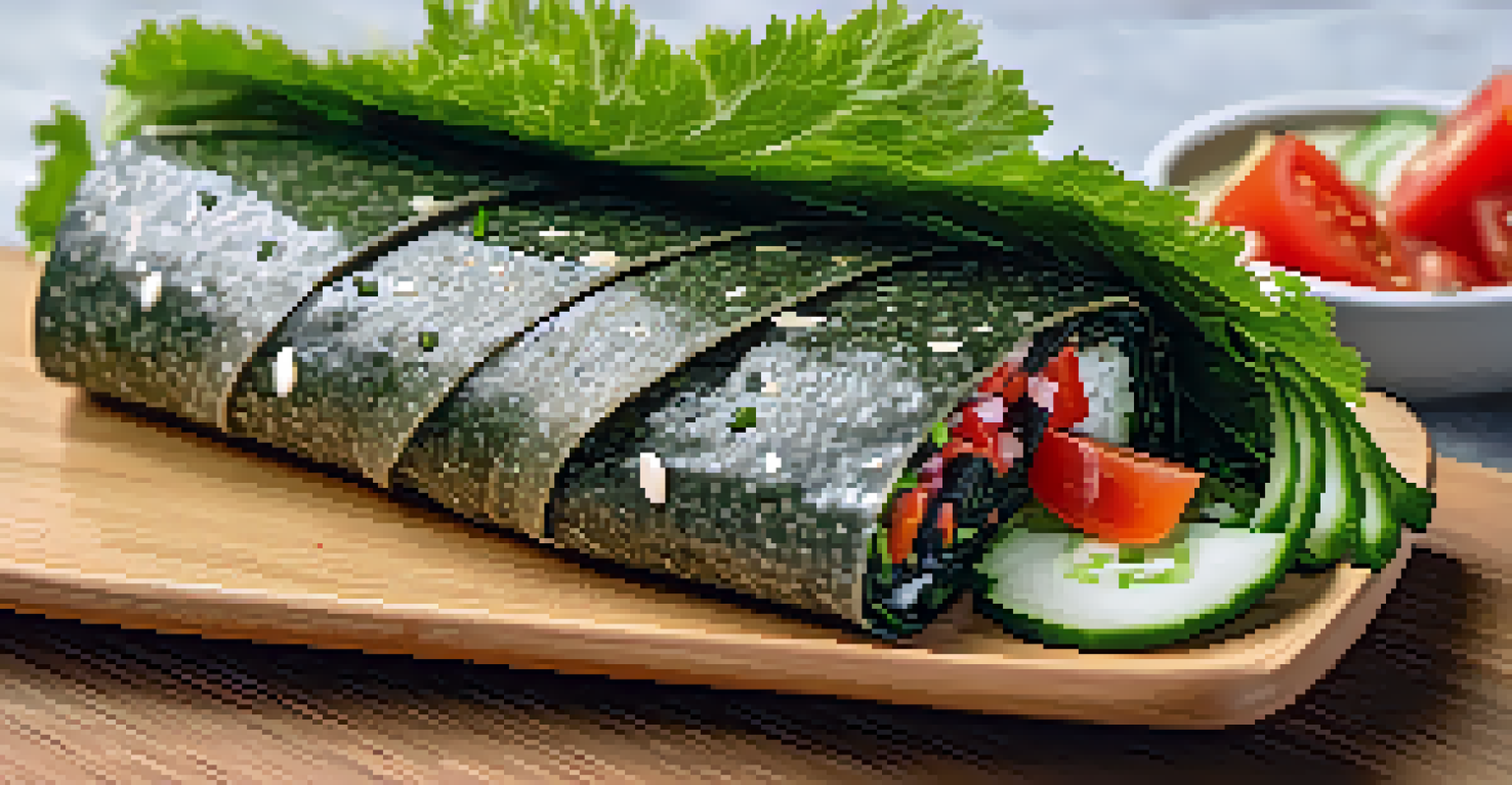 A Mediterranean nori wrap filled with tahini, tomatoes, cucumbers, olives, and parsley, presented on a bamboo mat.
