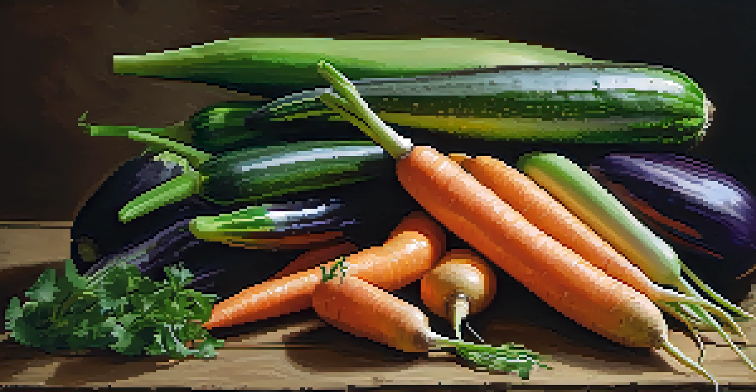 A collection of seasonal vegetables on a wooden table, including carrots, eggplants, and zucchini, with a sign indicating they are locally grown.