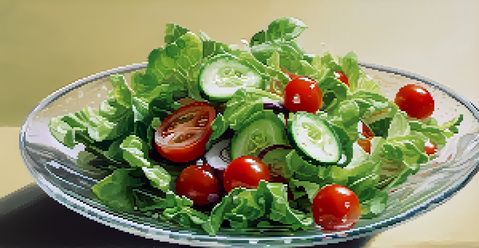 A close-up of a green salad with various textures and colors in a glass bowl.